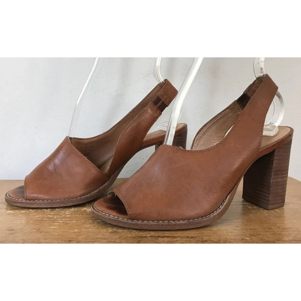 Madewell Cary Katerina Heels Peep Toe Tan Leather Slingback Sandals AH710 6.5 - Picture 1 of 8